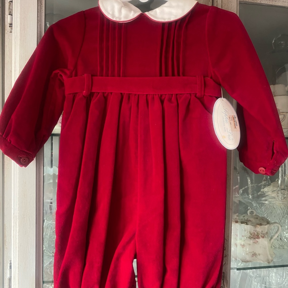 Baby Boy 12 mos bubble Christmas res velvet onesie